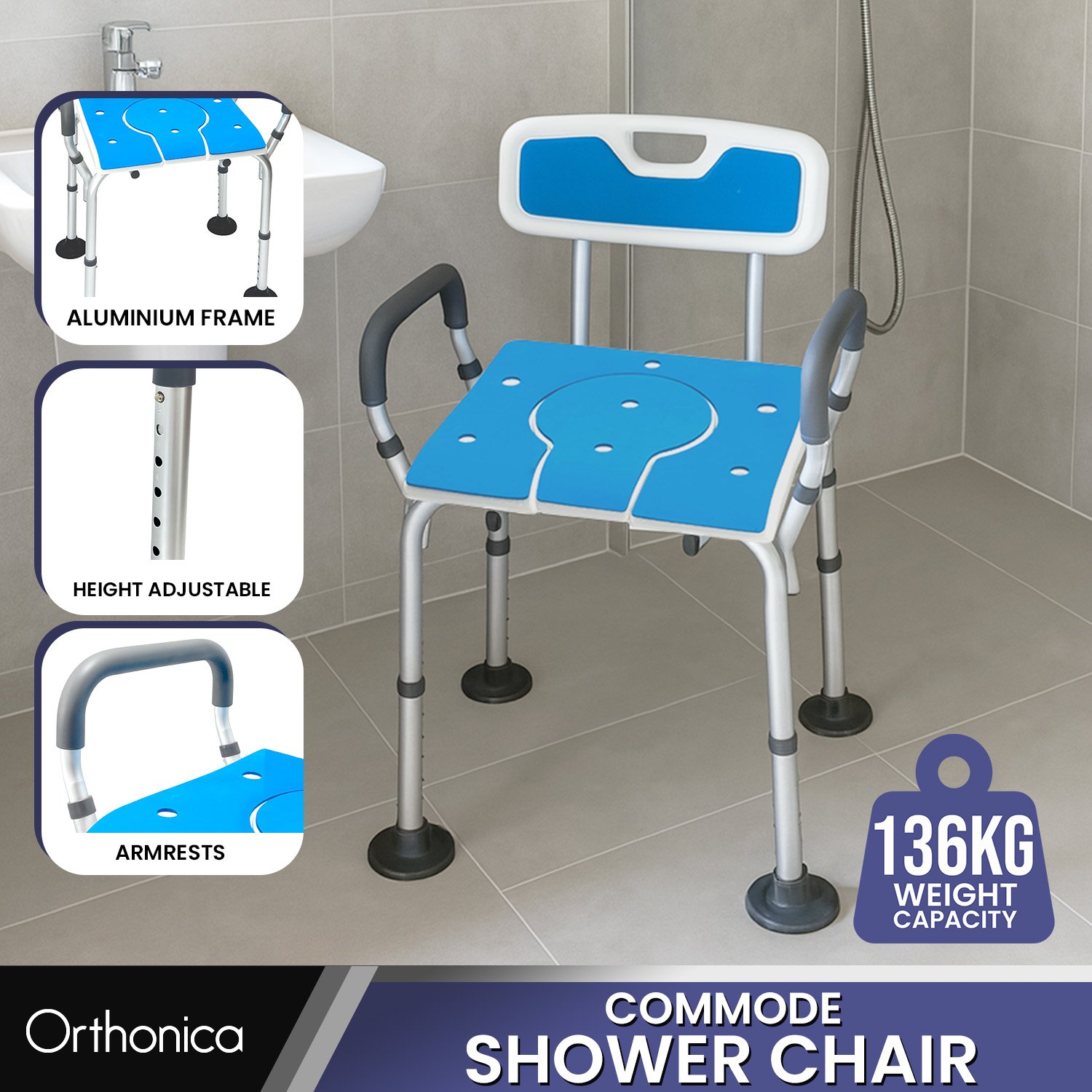 V240-SHC-MAS-ALU-17L-202509090835-01 Orthonica Height-Adjustable Aluminium Commode Shower Chair with Armrests Backrest Armrests Soft Stool Seat Aid - Image 2