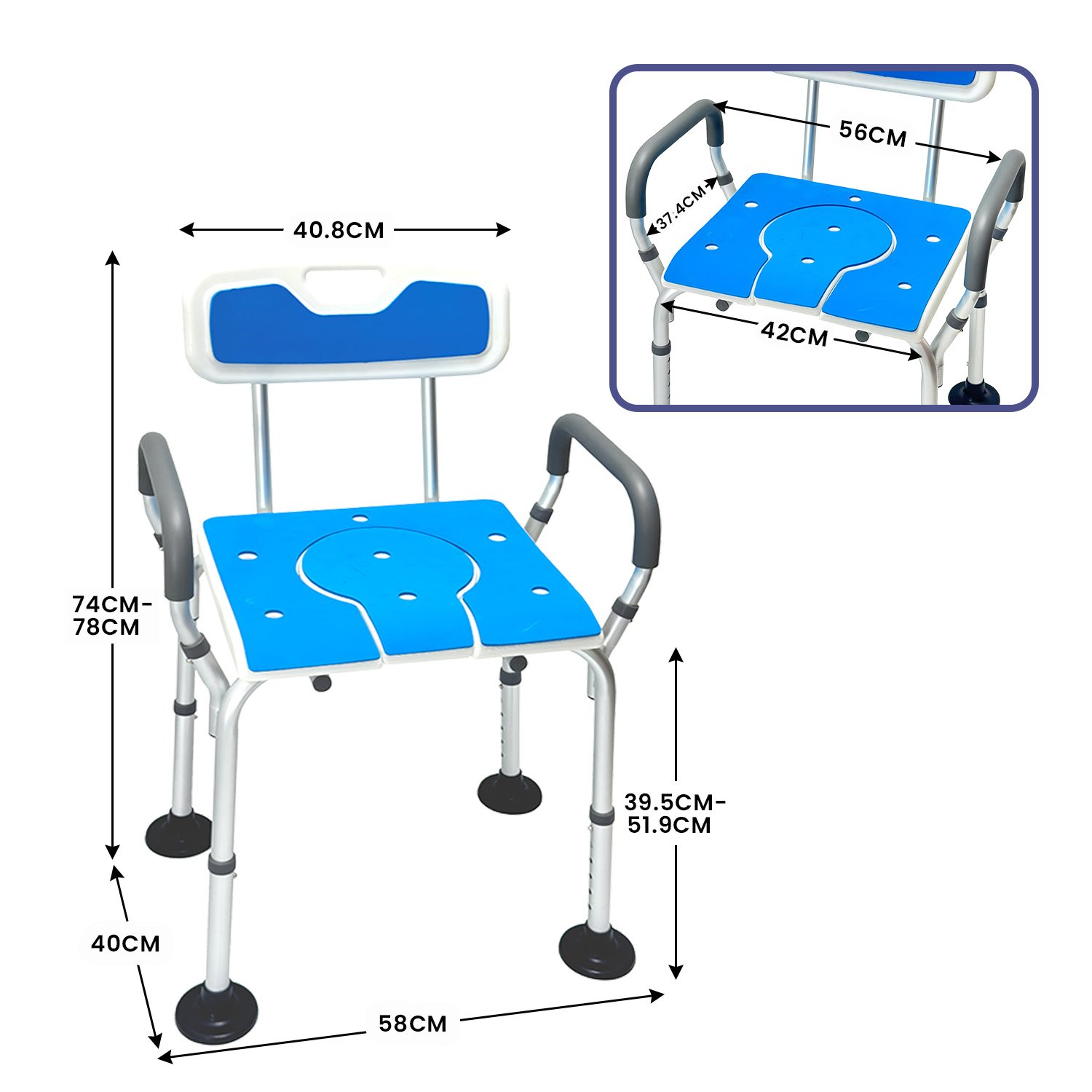 V240-SHC-MAS-ALU-17L-202509090835-03 Orthonica Height-Adjustable Aluminium Commode Shower Chair with Armrests Backrest Armrests Soft Stool Seat Aid - Image 4