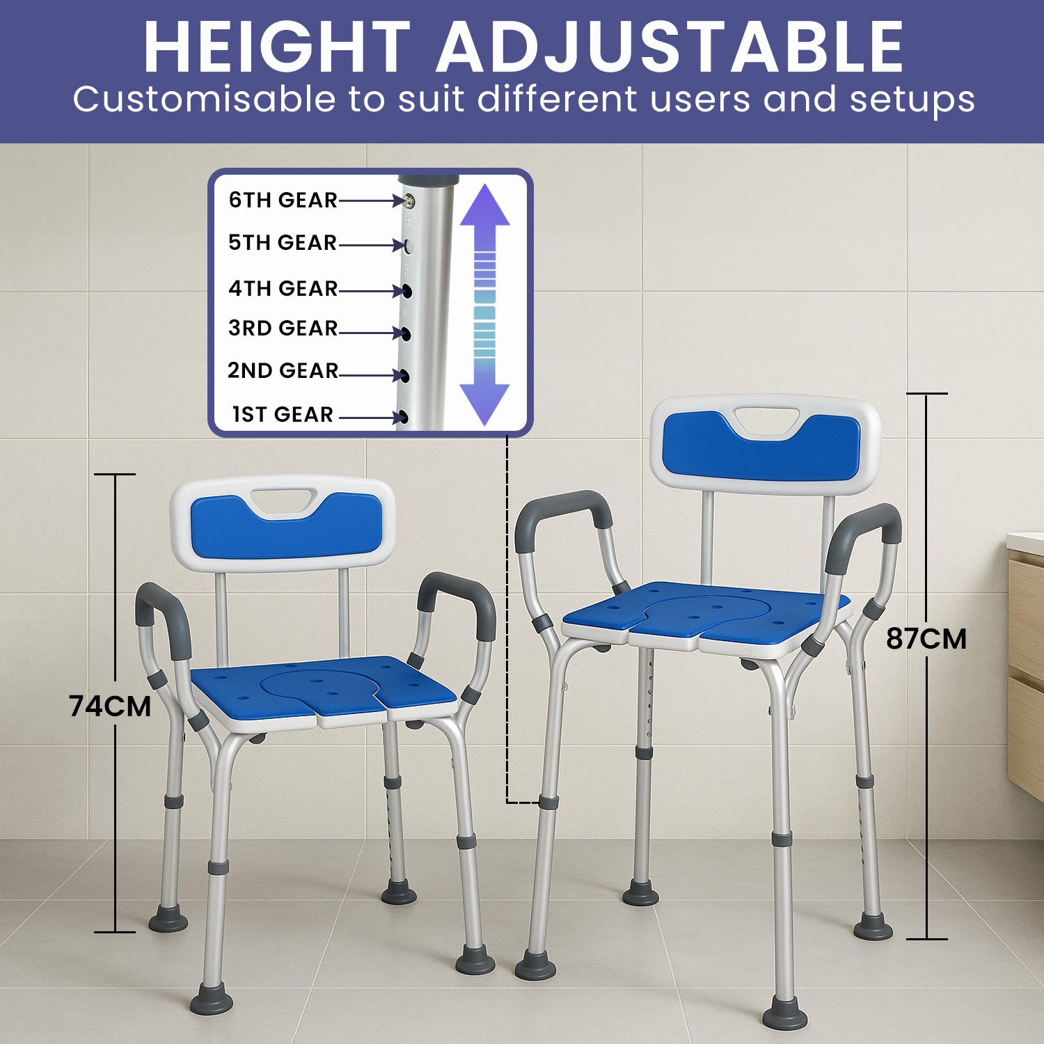 V240-SHC-MAS-ALU-17L-202509090835-05 Orthonica Height-Adjustable Aluminium Commode Shower Chair with Armrests Backrest Armrests Soft Stool Seat Aid - Image 6