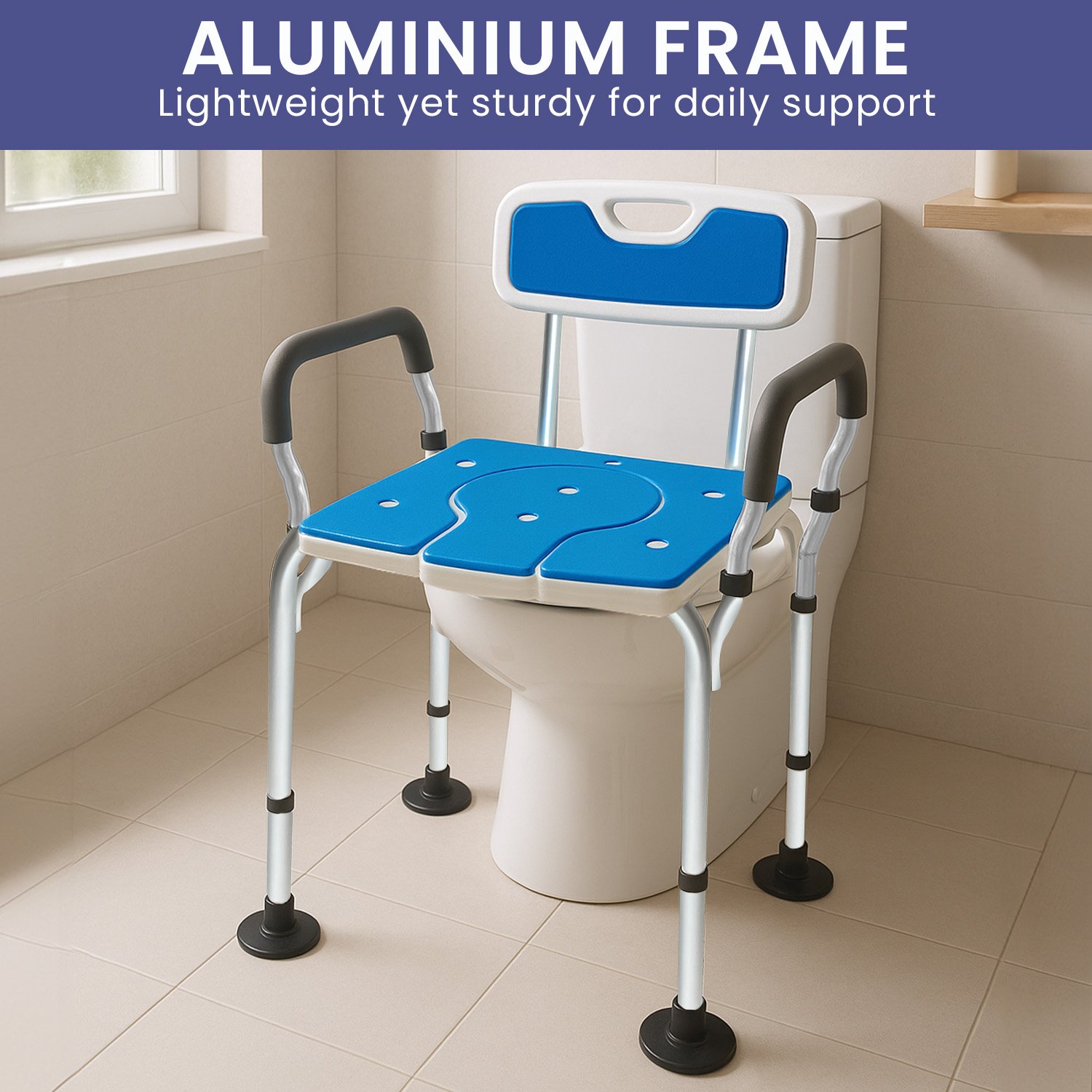 V240-SHC-MAS-ALU-17L-202509090835-07 Orthonica Height-Adjustable Aluminium Commode Shower Chair with Armrests Backrest Armrests Soft Stool Seat Aid - Image 8