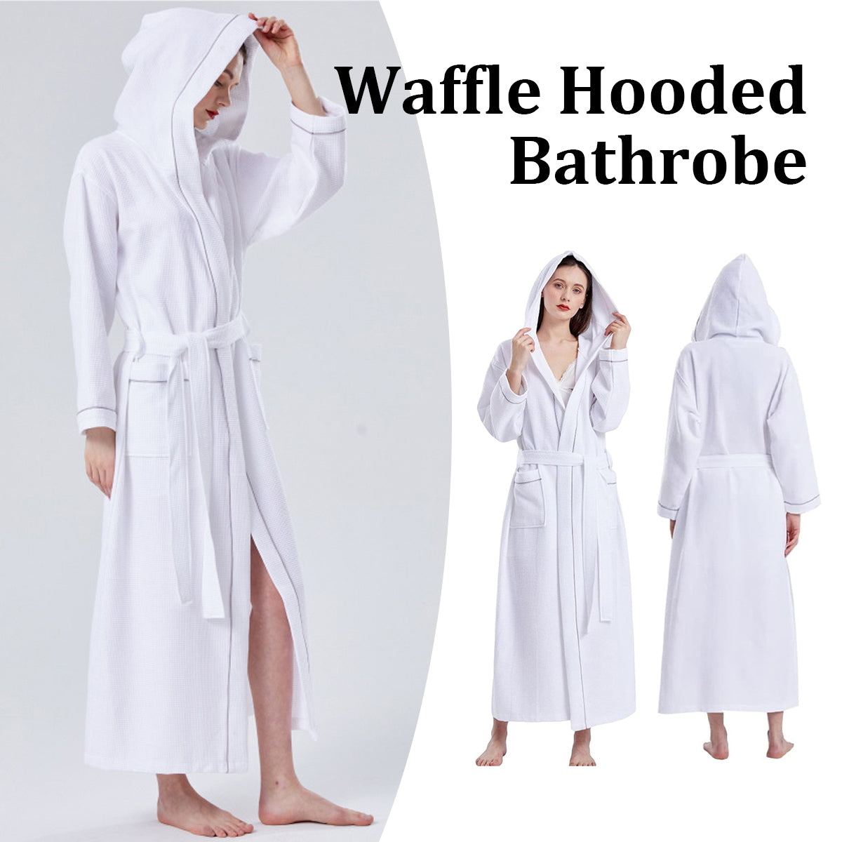 V528-BATHROBE-WHITE-L-635807-202509251503-00 Hotel Bathrobe Waffle Hooded Robe Soft Absorbent for Men and Women Unisex Towels - Image 1