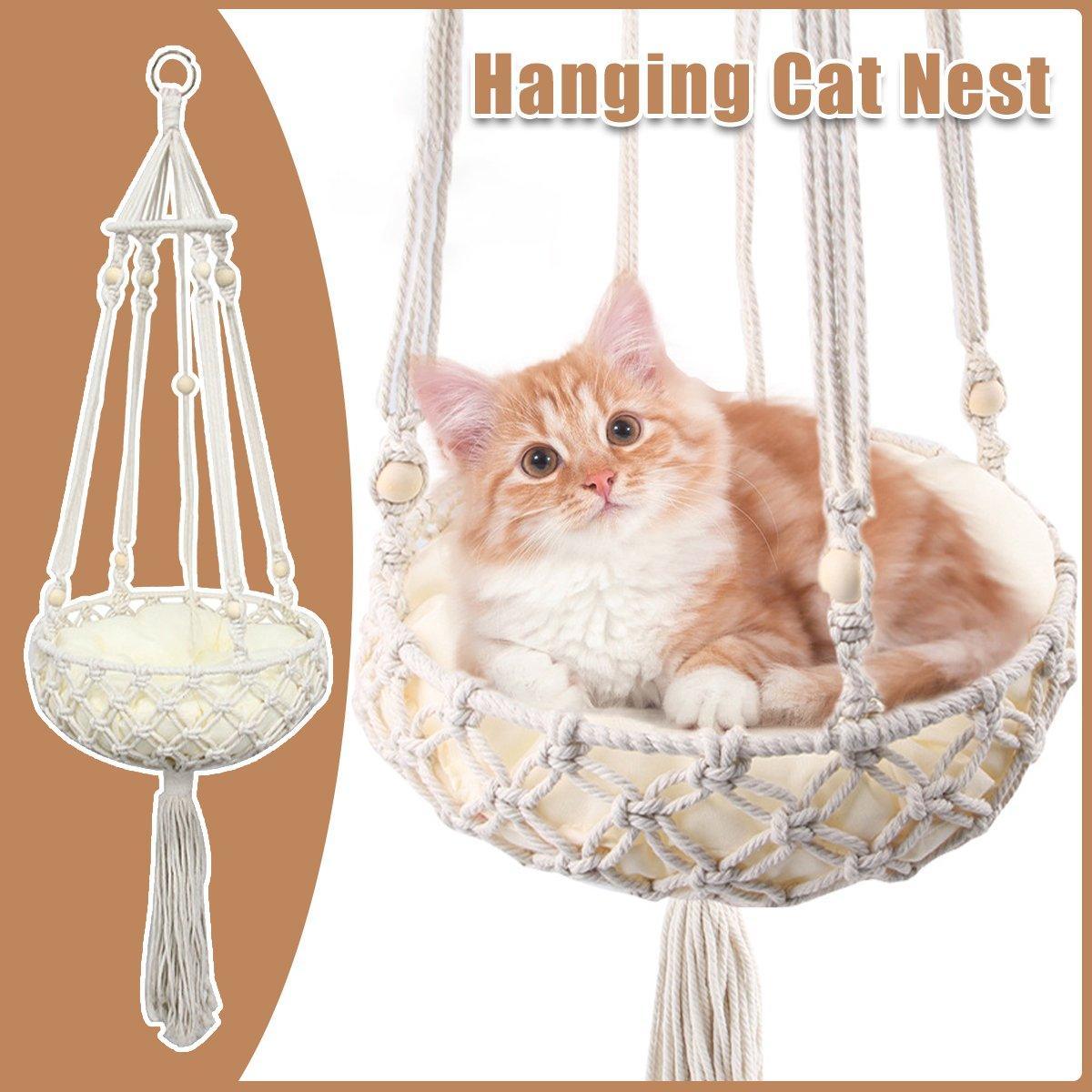 V528-HAMMOCK-840117-202509251041-00 Macrame Cat Hammock Boho Style Kitty Hanging Swing Bed Pet Sleeping Bed Cat - Image 1