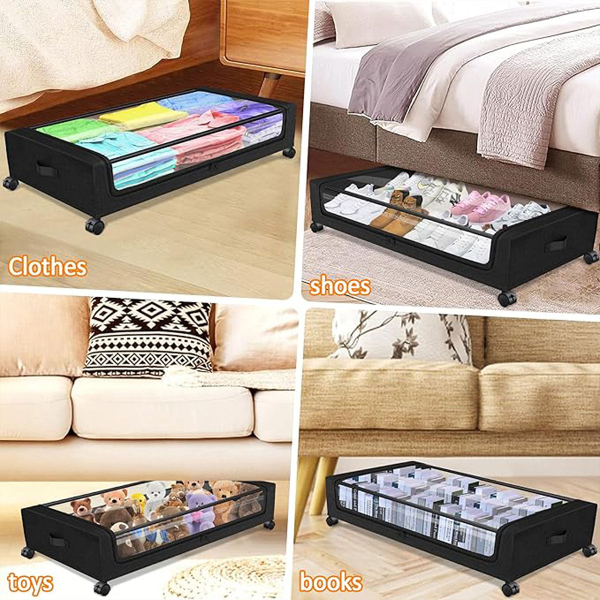 V528-ORGANIZER-BLACK-SINGLE-746920-202510011018-04 Under Bed Storage Rack Square Design with Wheels Rolling Trolley Box for Home - Black - Image 5