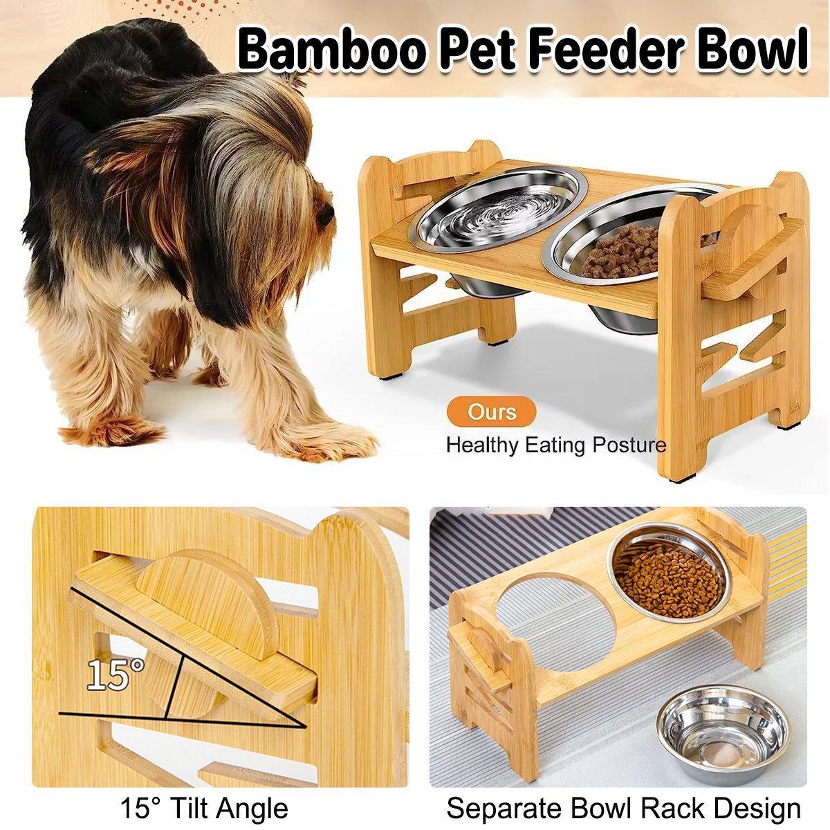 V528-PET-BOWL-WOOD-313131-202509251045-00 Wood Adjustable Elevated Raised Pet Dog Feeder Stainless Steel Bowl Water Stand - Image 1
