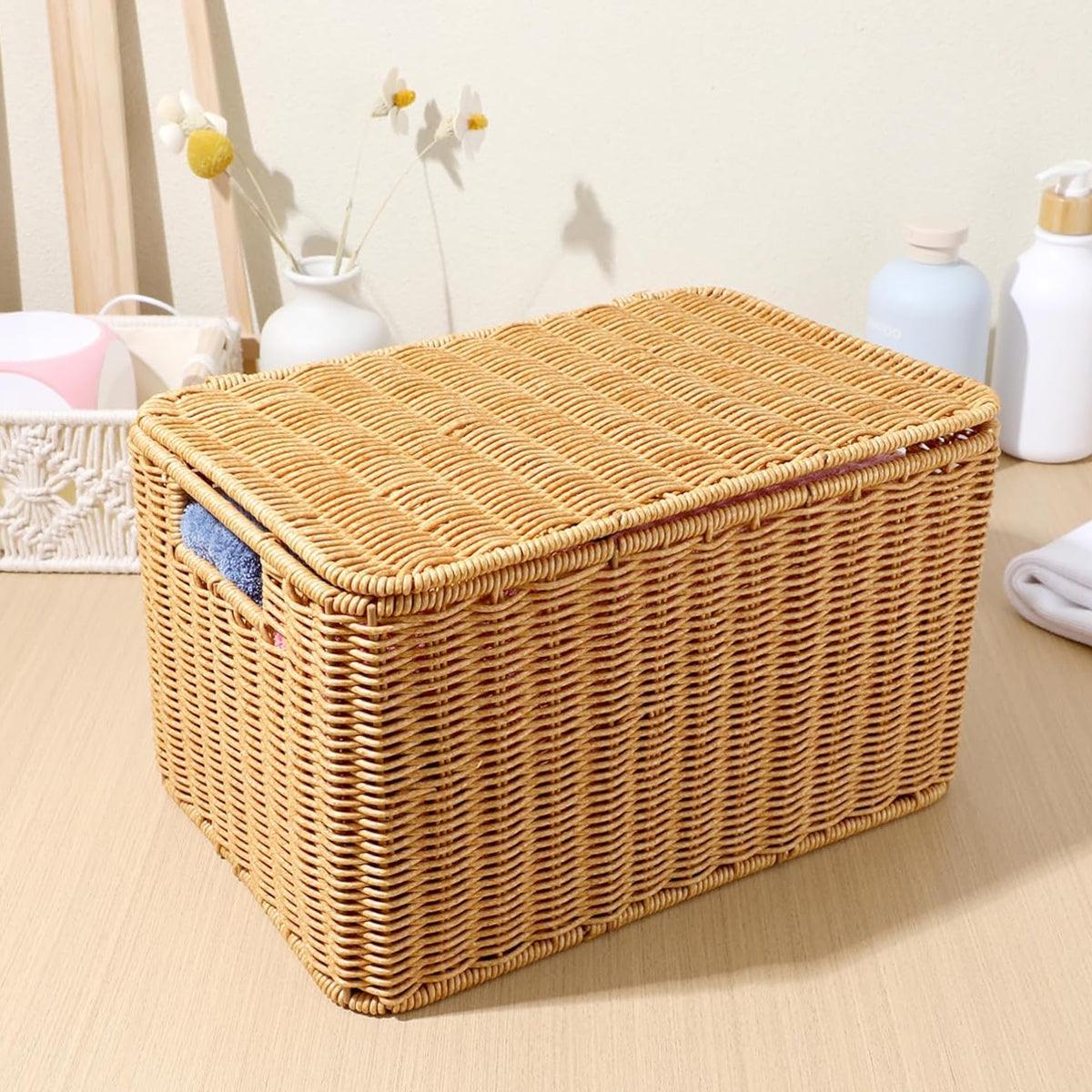 V528-STORAGE-BASKET-S-917450-202509251611-03 Storage Box Bedroom Organizer Faux Rattan Woven Basket with Lid Home - Image 4