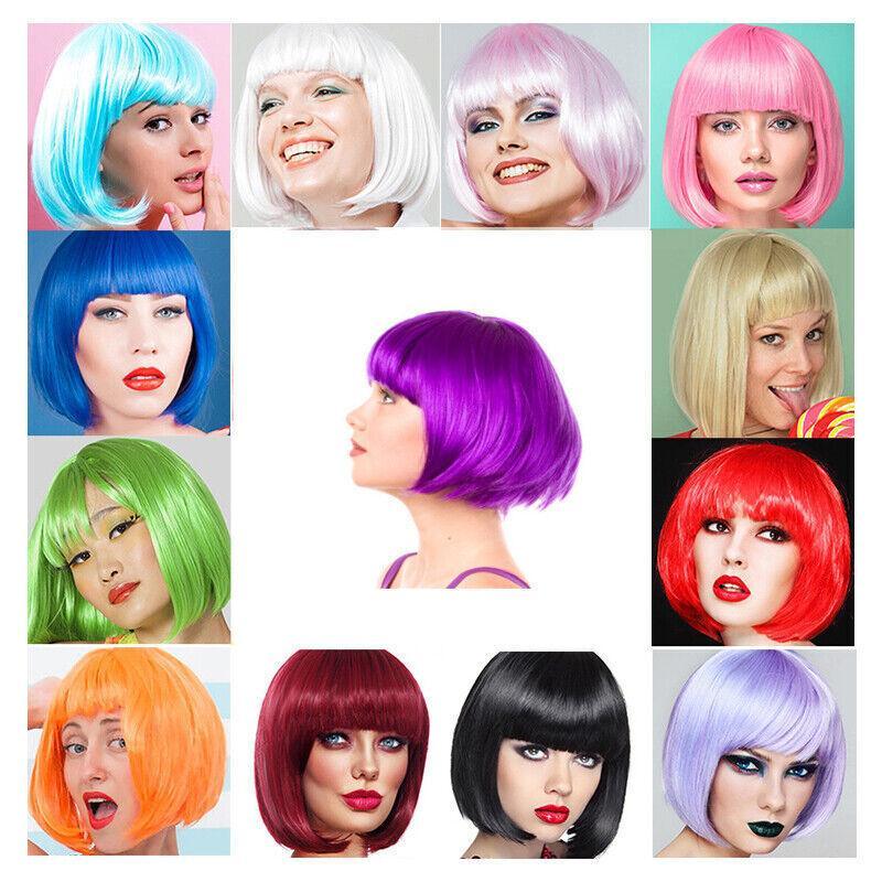 V528-WIGS-GREEN-794950-202509301600-02 Short Bob Wig with Bangs for Women Synthetic Cosplay Party Hair in 14 Colours - Green - Image 3