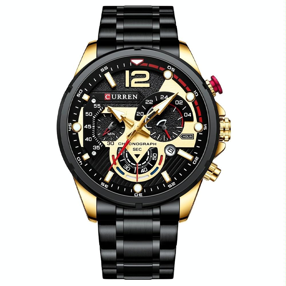 V562-2052934060DBT-202508280922-00 Men Quartz Watch with Six-hand Steel Strap and Calendar - Golden Shell Black - Image 1