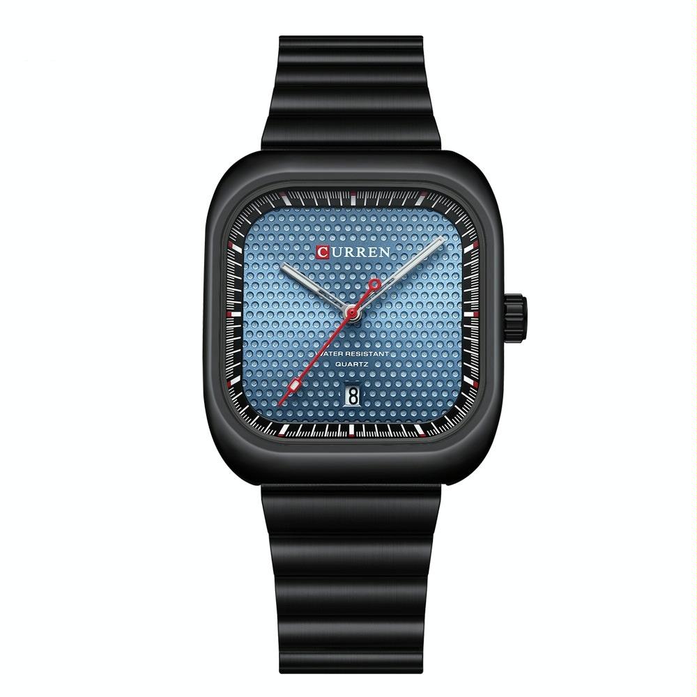 V562-2057934060DBT-202508282046-00 Men Square Steel Strap Quartz Watch - Casual Style - Black Shell Blue - Image 1