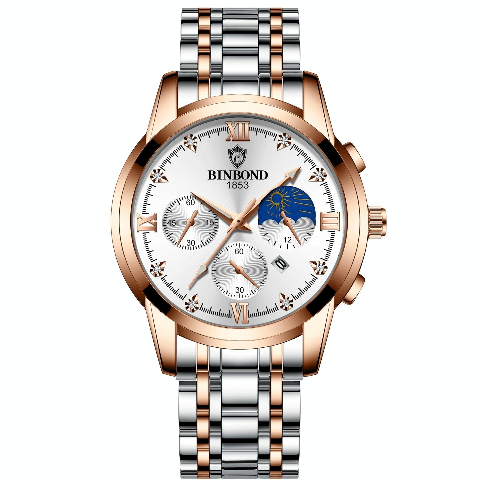 V562-2061143060DBT-202508271220-00 Waterproof Luminous Men Watch with Calendar - Rose Gold and White 30m - Image 1