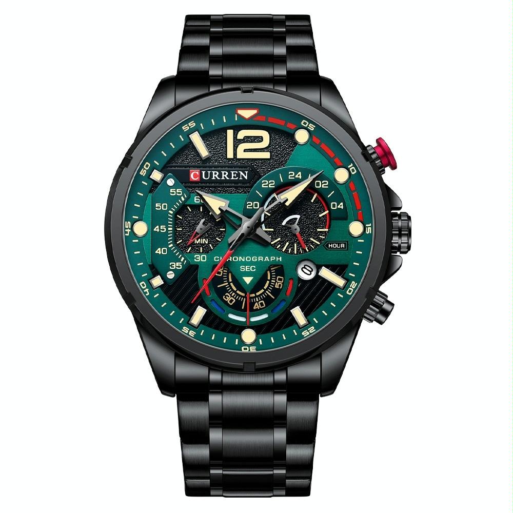 V562-4052934060DBT-202508280925-00 Men Quartz Watch with Six-hand Steel Strap and Calendar - Black Shell Green - Image 1