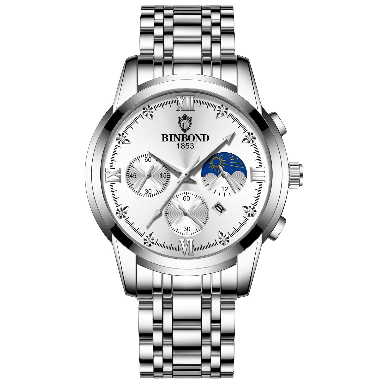 V562-5061143060DBT-202508271510-00 Waterproof Luminous Men Watch with Calendar - White Steel - Image 1