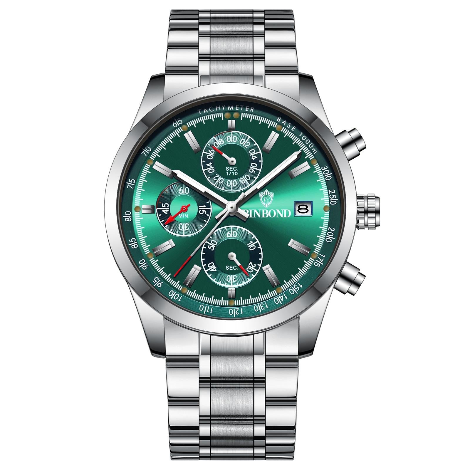 V562-8085354060DBT-202508290835-00 Waterproof Luminous Quartz Watch - Multifunctional 30m - White Steel-Green - Image 1