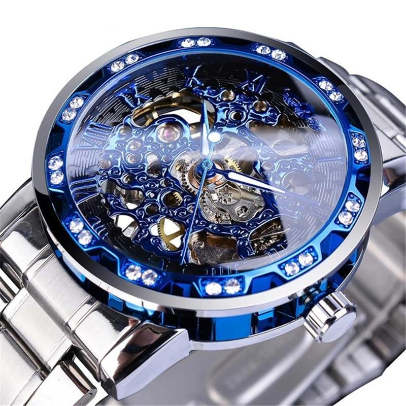 V562-A1022033060DBT-202508281954-00 Men Skeleton Diamond Mechanical Watch - Luminous Pointer - Blue Belt Black Shell Blue Face - Image 1