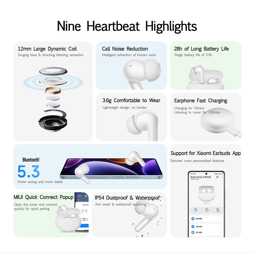 V562-A1029683060DBT-202508271116-09 Waterproof Redmi Buds 4 Vitality Wireless Earphone with Bluetooth Calling and Noise Reduction - White - Image 10