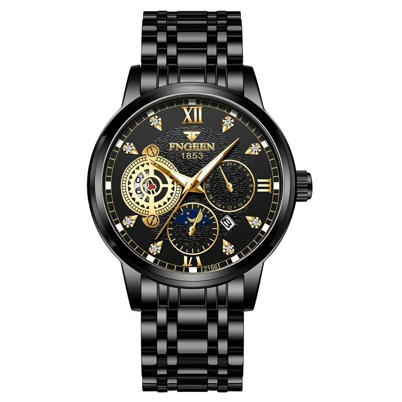 V562-A1078472650DBT-202508281153-00 Men Three-eye Hollow Quartz Sports Watch - Black Steel Black Surface Gold Nails - Image 1