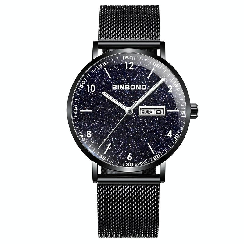 V562-A1090792650DBT-202508281826-00 Starry Sky Pattern Quartz Watch for Men - Simple & Luminous - Black Mash Black Shell White Nails - Image 1