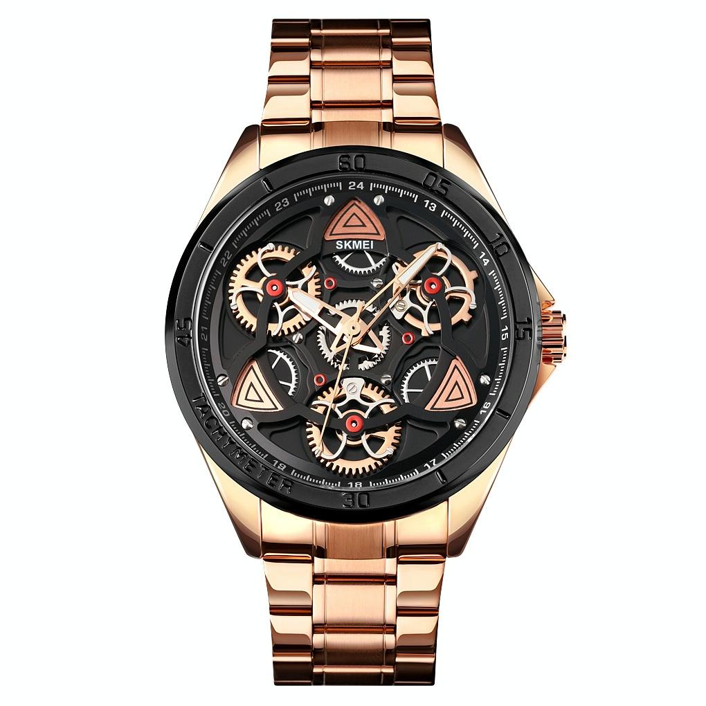 V562-A109558100ADE-202508290731-00 Waterproof Men Quartz Watch with Rotatable Gear Dial - Rose Gold Shell Black Surface - Image 1