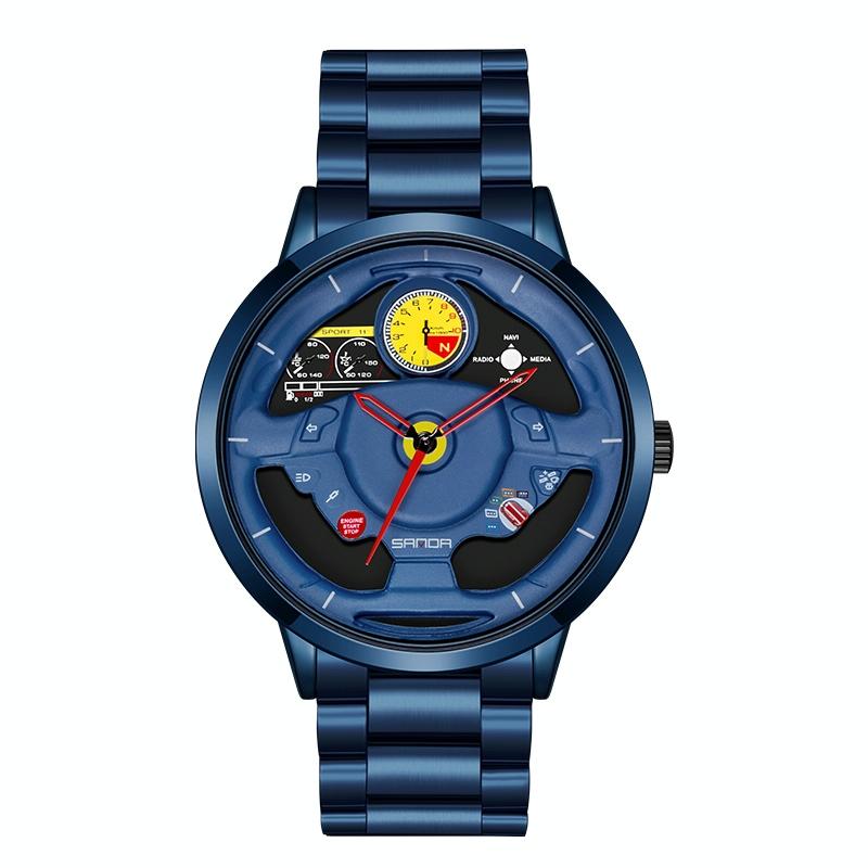 V562-B100361300ADE-202508290841-00 Waterproof Quartz Watch with Hollow Dial and Steering Wheel Design - Blue - Image 1