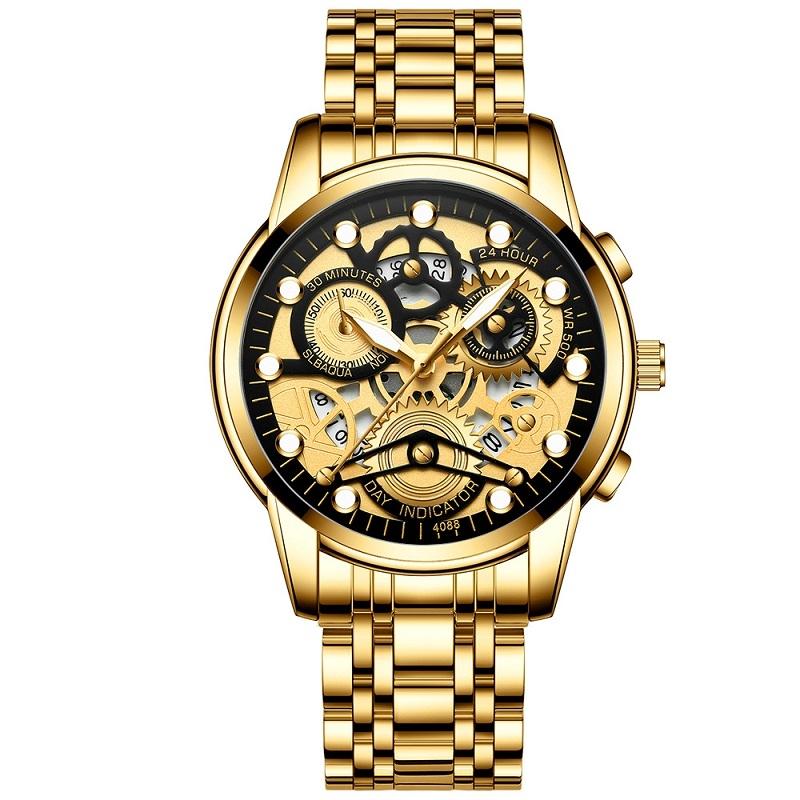 V562-B1008801650DBT-202508281721-00 Waterproof Luminous Men Quartz Watch - Hollow Design - Full Gold Black Surface - Image 1