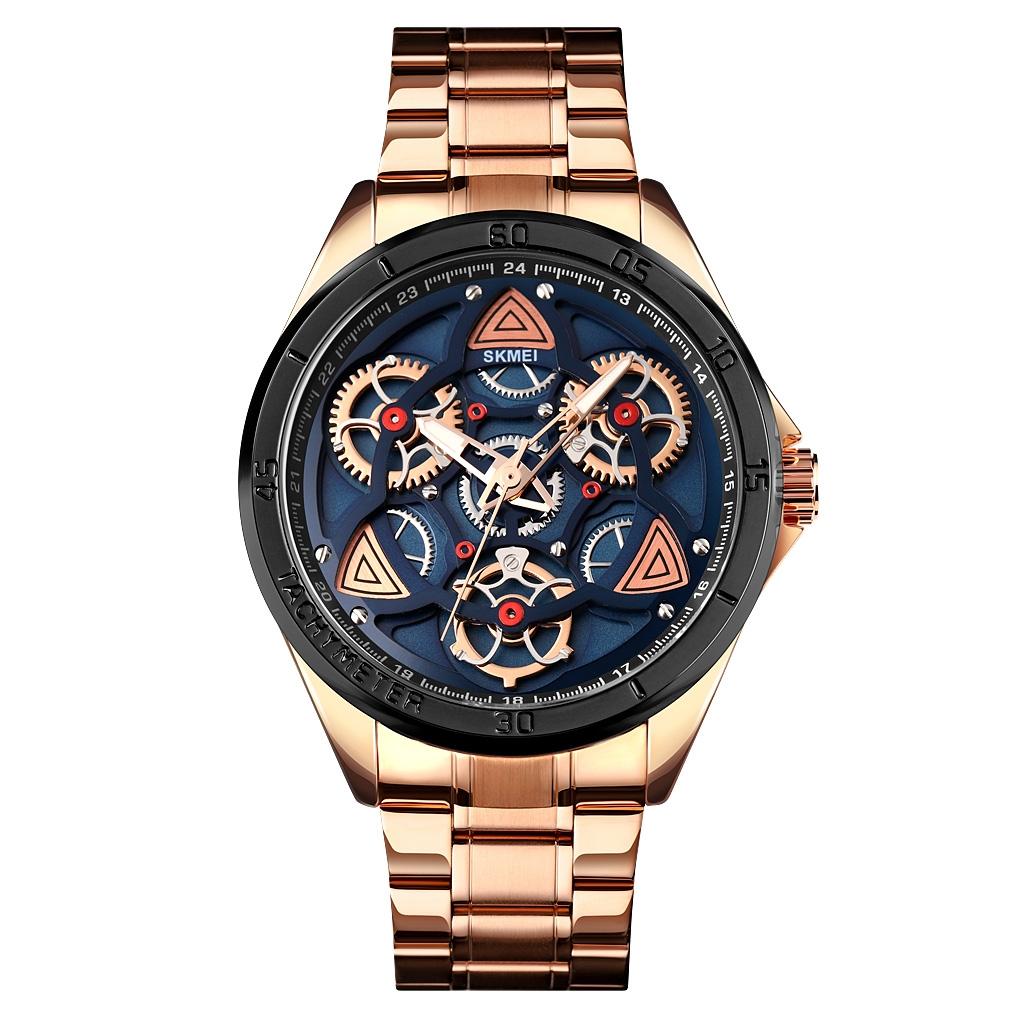 V562-B109558100ADE-202508290730-00 Waterproof Men Quartz Watch with Rotatable Gear Dial - Rose Gold Shell Blue Surface - Image 1