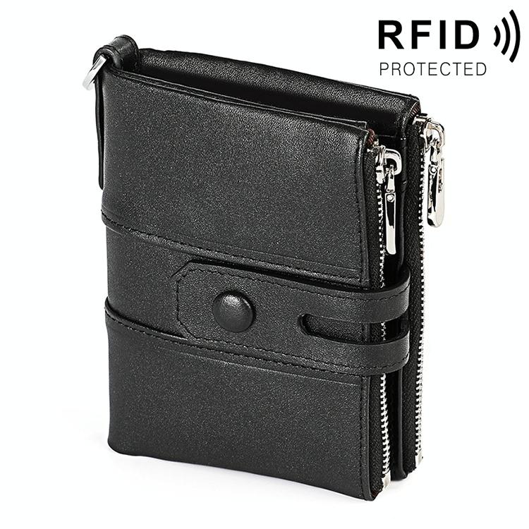 V562-B7022BCC-202508281936-00 Men Retro Texture Double Zip Rfid Wallet - Anti-magnetic - Black - Image 1