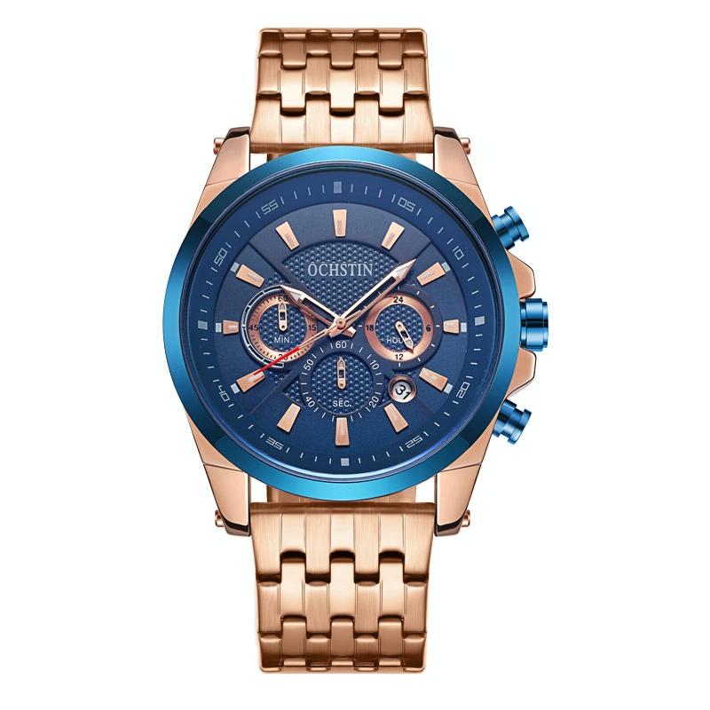 V562-C104050400ADE-202508281025-00 Multifunctional Steel Strap Men Watch - Fashionable Quartz - Rose Gold Blue - Image 1