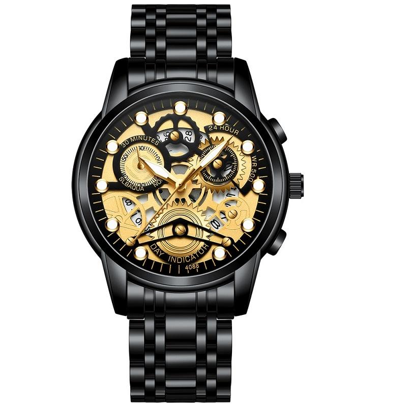 V562-D1008801650DBT-202508281730-00 Waterproof Luminous Men Quartz Watch - Hollow Design - Black Steel Black Surface Gold Nails - Image 1
