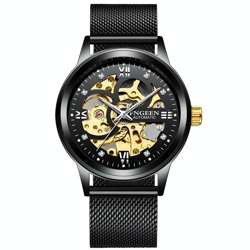 V562-D1017852650DBT-202508271030-00 Waterproof Luminous Diamond Mechanical Watch with Double-sided Hollow Design and Black Mesh Strap - Image 1
