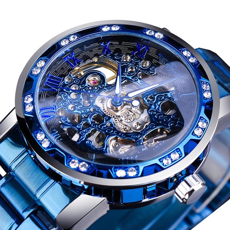 V562-D1022033060DBT-202508281953-00 Men Skeleton Diamond Mechanical Watch - Luminous Pointer - Silver Belt Silver Shell Black Face - Image 1