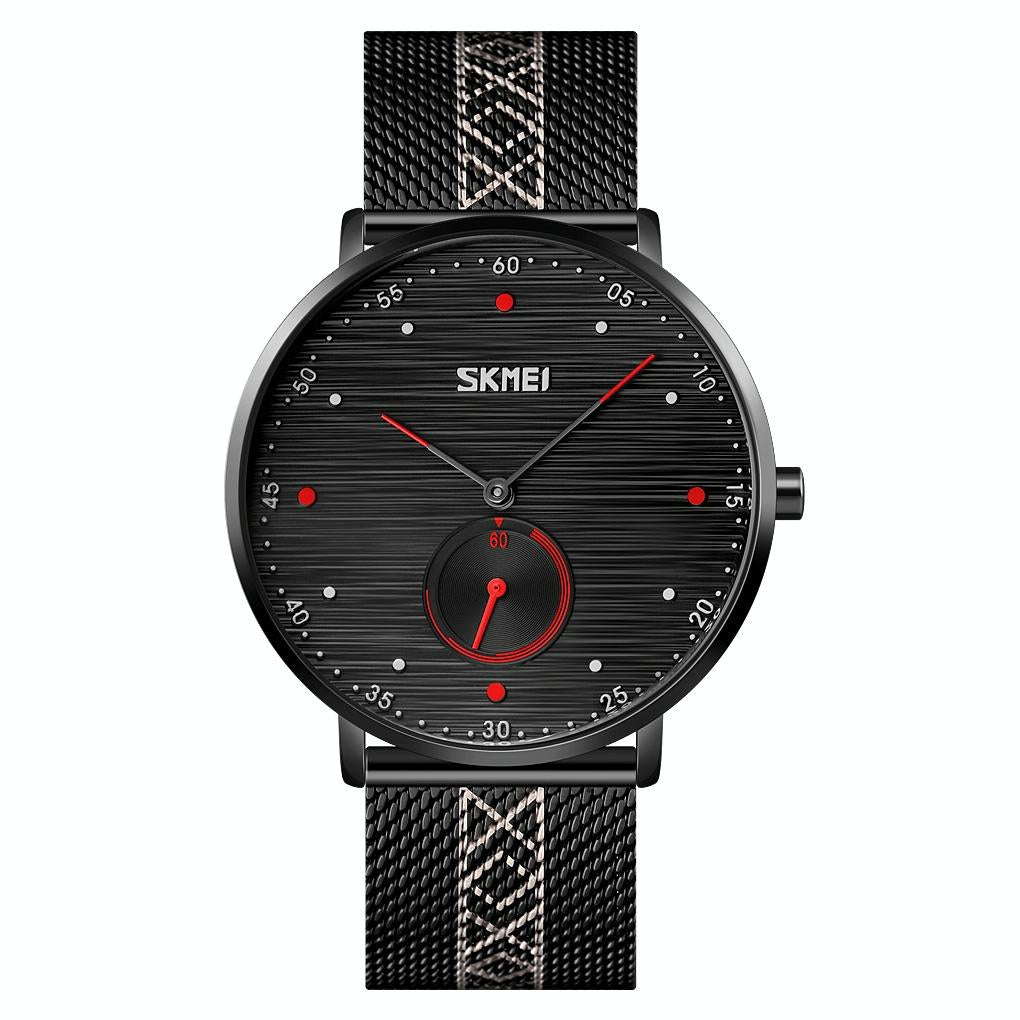 V562-D104539100ADE-202508281735-00 Men Striped Arabic Numeral Mesh Quartz Watch - Horizontal Design - Red - Image 1