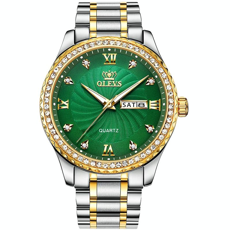 V562-D10476200ADE-202508281321-00 Waterproof Diamond Quartz Watch for Men with Stainless Steel Strap - Green - Image 1