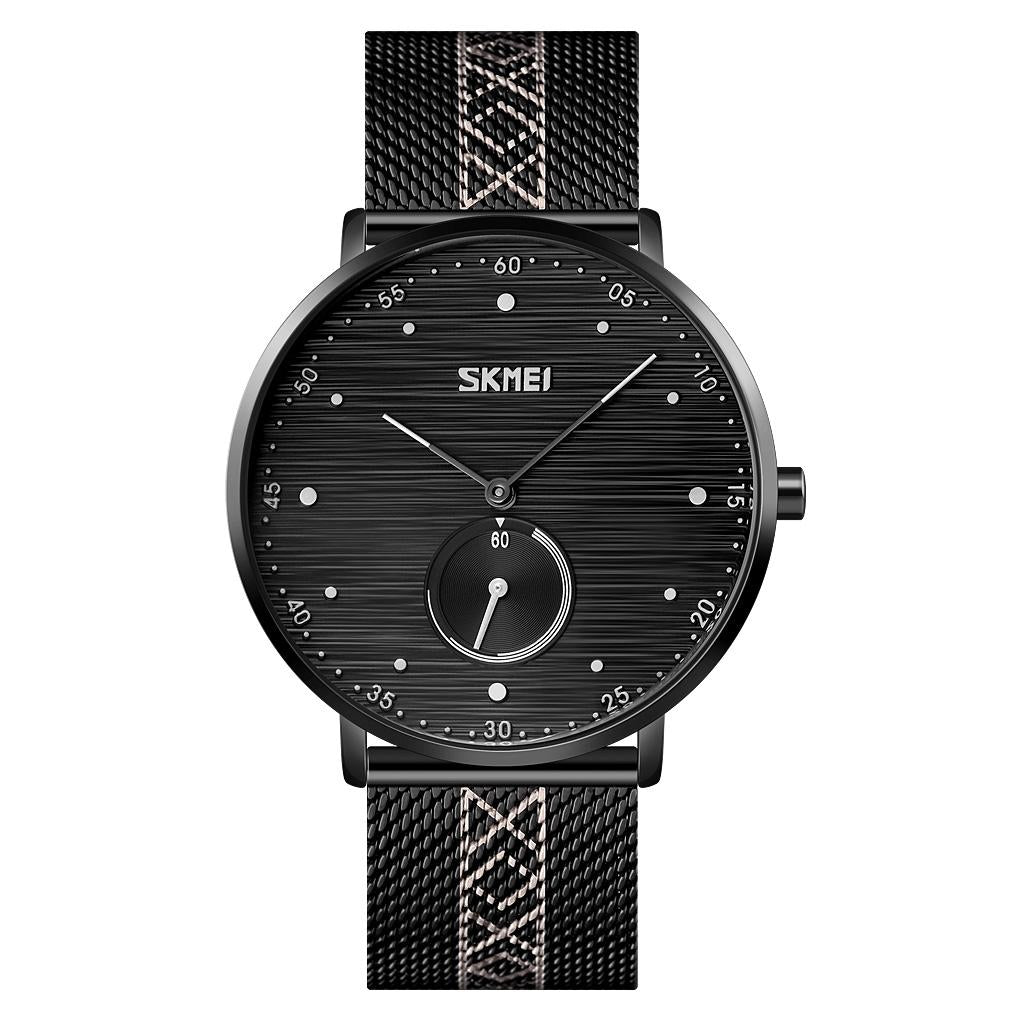 V562-E104539100ADE-202508281735-00 Men Striped Arabic Numeral Mesh Quartz Watch - Horizontal Design - Black - Image 1