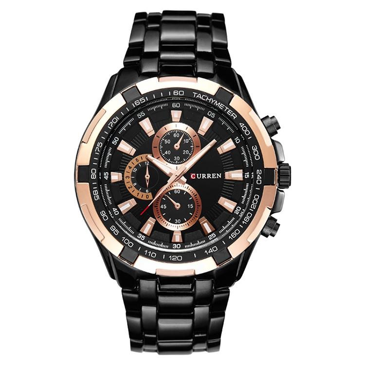 V562-G1082561020DBT-202508281725-00 Stainless Steel Men Analog Sport Watch - 8023 - Black Case Gold Face - Image 1