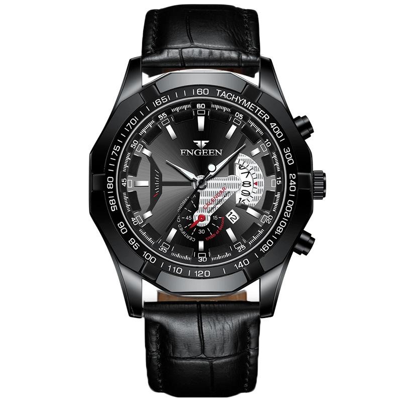 V562-H1034801650DBT-202508290040-00 Waterproof Men Calendar Watch - Black Leather Black Steel Black Surface - Image 1