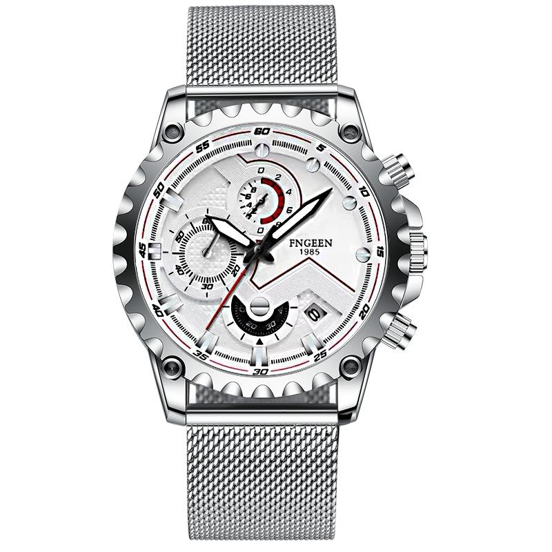 V562-I1005801650DBT-202508282316-00 Stainless Steel Waterproof Men Sports Watch - White Net White Shell White Surface - Image 1