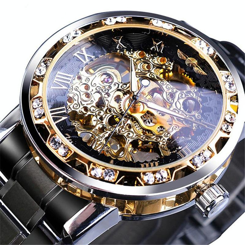 V562-I1022033060DBT-202508282010-00 Men Skeleton Diamond Mechanical Watch - Luminous Pointer - Black Belt Black Shell Black Face - Image 1