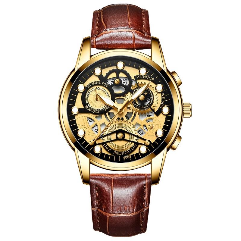 V562-J1008801650DBT-202508281721-00 Waterproof Luminous Men Quartz Watch - Hollow Design - Brown Leather Full Gold Black Surface - Image 1