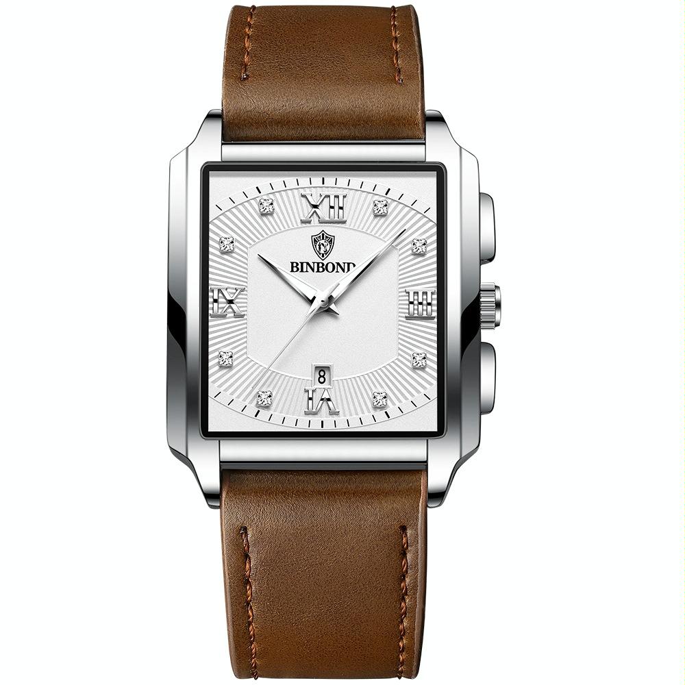 V562-K1013533060DBT-202508281040-00 Waterproof Men Quartz Watch - Rectangular Outdoor Design - Brown Leather-White Steel - Image 1