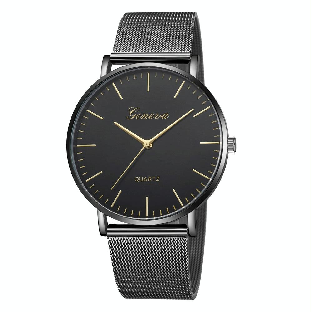 V562-K106358250DBT-202508290920-00 Stainless Steel Mesh Unisex Quartz Watch - Black Band Black Dial Gold Needle - Image 1