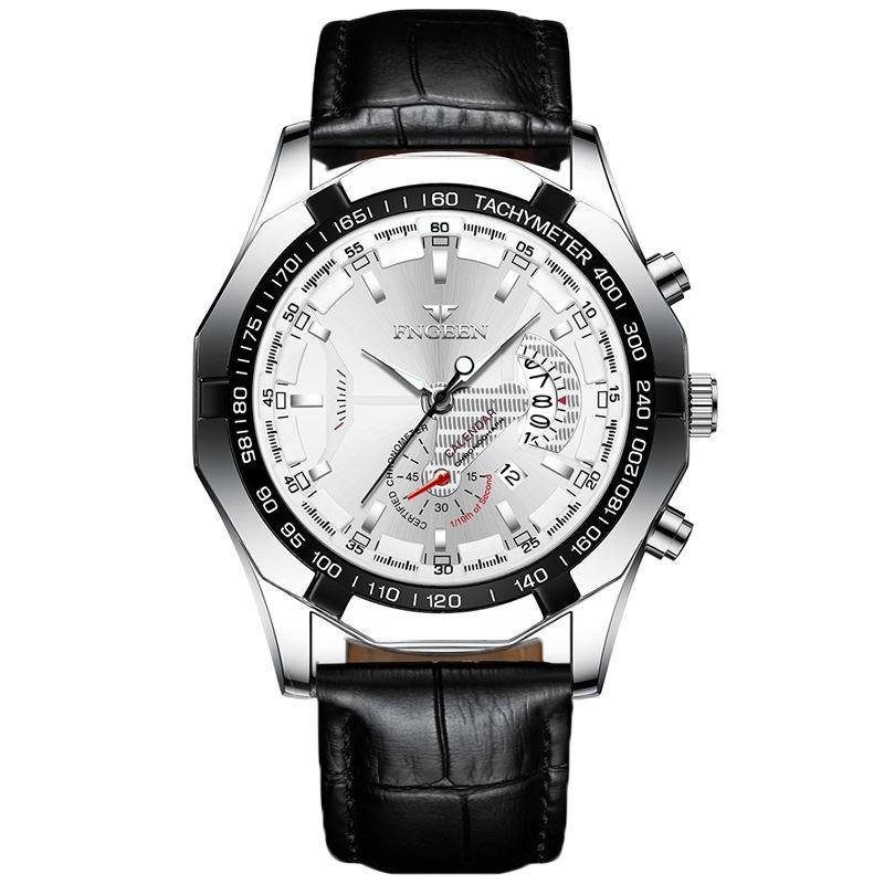 V562-L1034801650DBT-202508290036-00 Waterproof Men Calendar Watch - Black Leather White Steel White Flour - Image 1