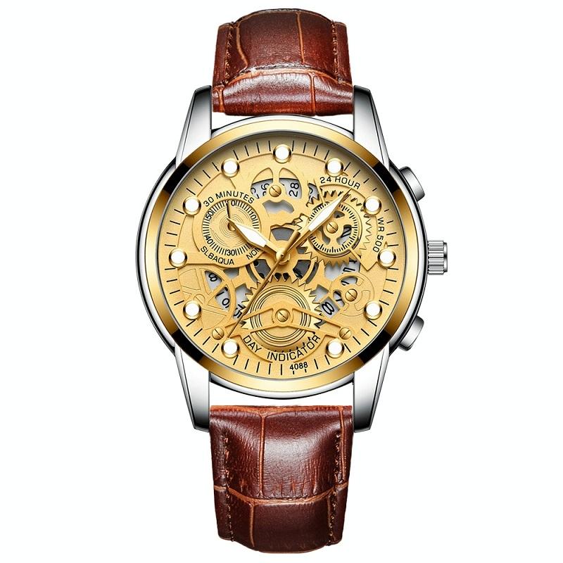 V562-M1008801650DBT-202508281726-00 Waterproof Luminous Men Quartz Watch - Hollow Design - Brown Leather Gold Surface - Image 1