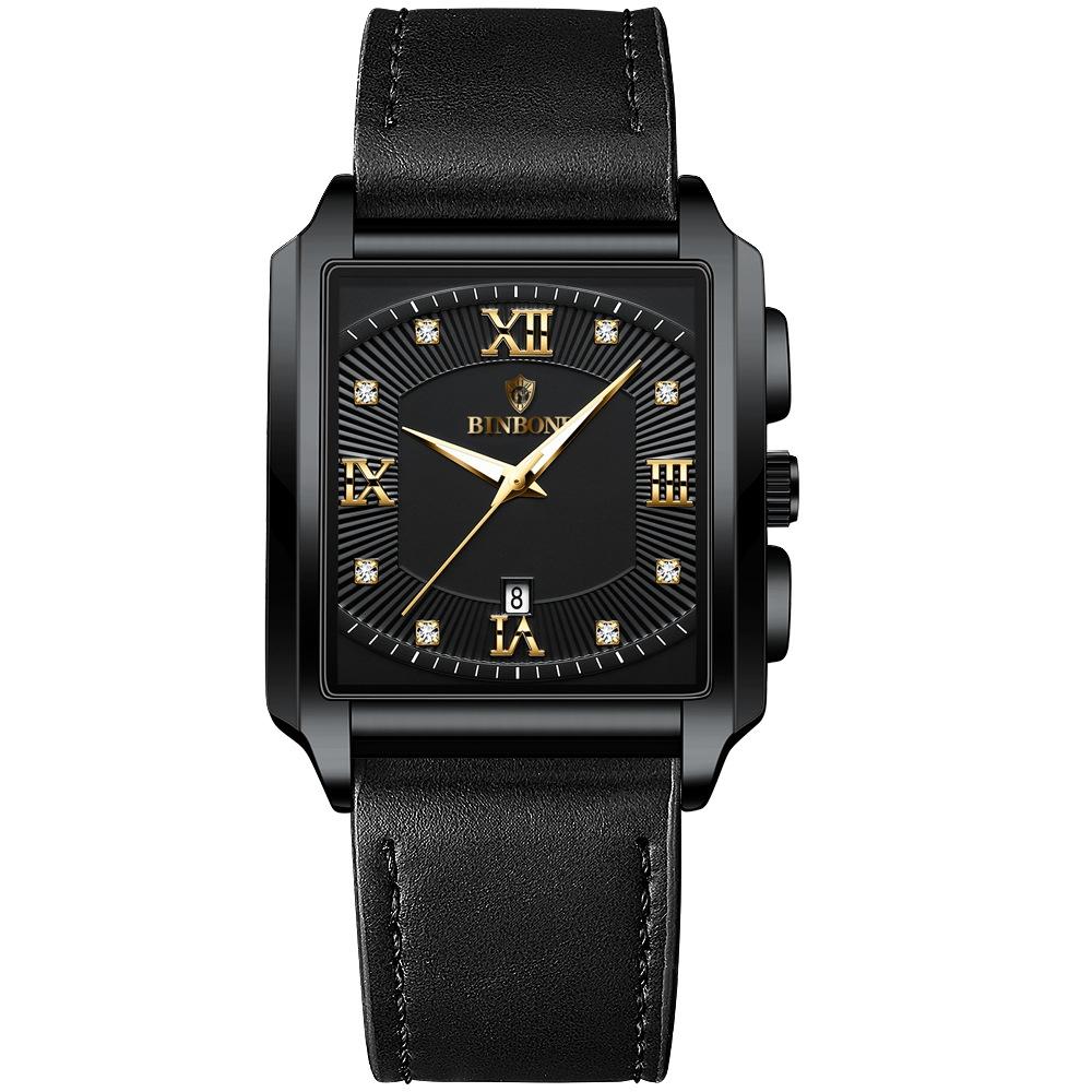 V562-M1013533060DBT-202508281041-00 Waterproof Men Quartz Watch - Rectangular Outdoor Design - Black Leather-Black Steel-Gold - Image 1
