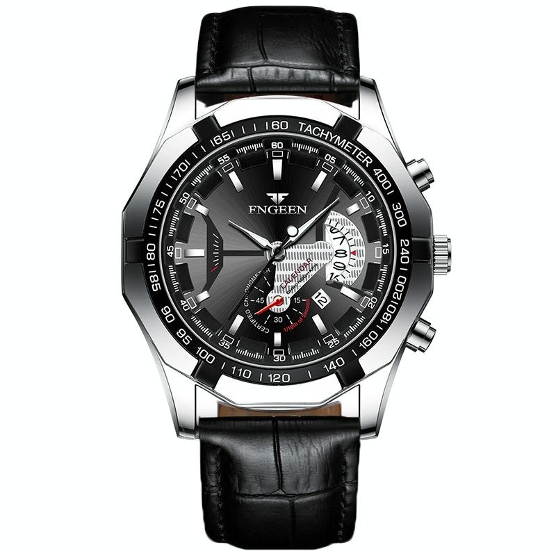 V562-M1034801650DBT-202508290040-00 Waterproof Men Calendar Watch - Black Leather White Steel Black Surface - Image 1