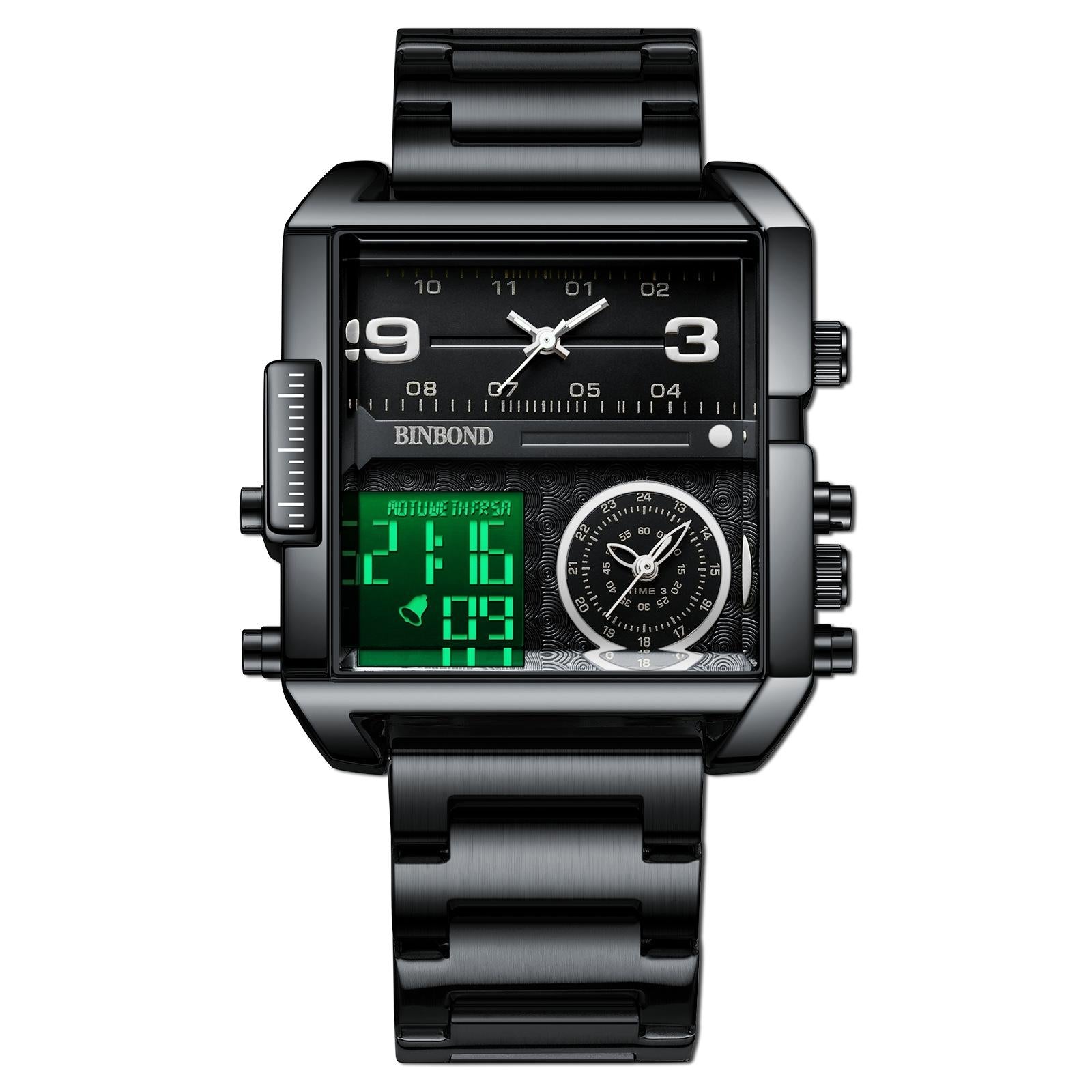 V562-M1055843060DBT-202508290854-00 Waterproof Square Multifunctional Sports Quartz Watch - Black Steel-Black-White - Image 1