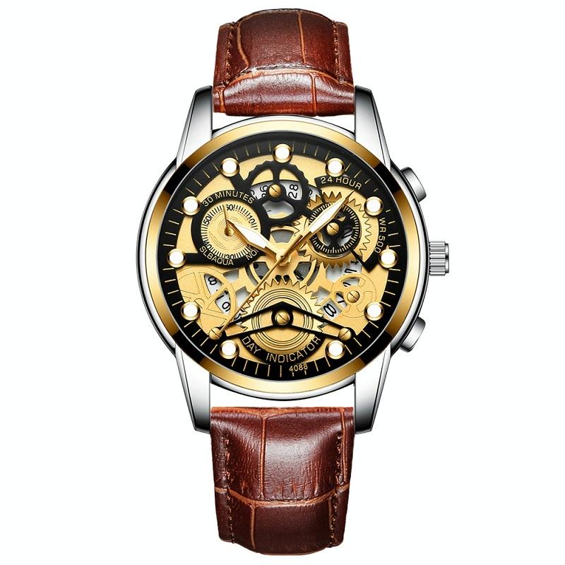 V562-N1008801650DBT-202508281725-00 Waterproof Luminous Men Quartz Watch - Hollow Design - Brown Leather Gold Black Surface - Image 1