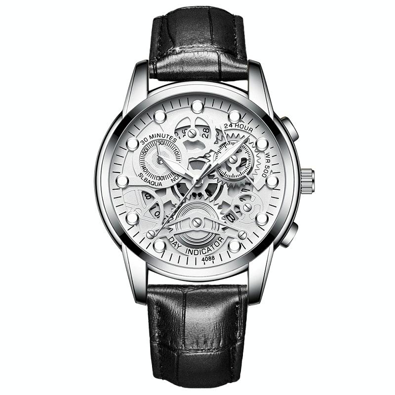 V562-O1008801650DBT-202508281730-00 Waterproof Luminous Men Quartz Watch - Hollow Design - Black Leather White Steel White Flour - Image 1