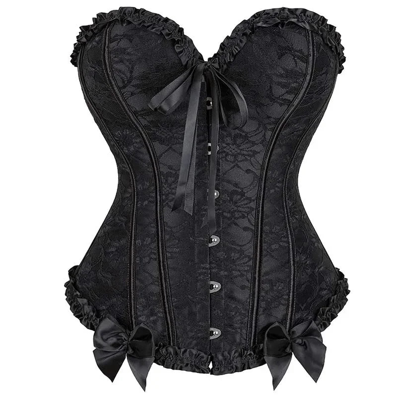 V562-OBBPBBNAKXLLKBPK-4-202508291645-00 Vintage Lace Overlay Corset With Bowknot Detail Lace Up Bone Pleated Mesh Women - 5Xl - Image 1