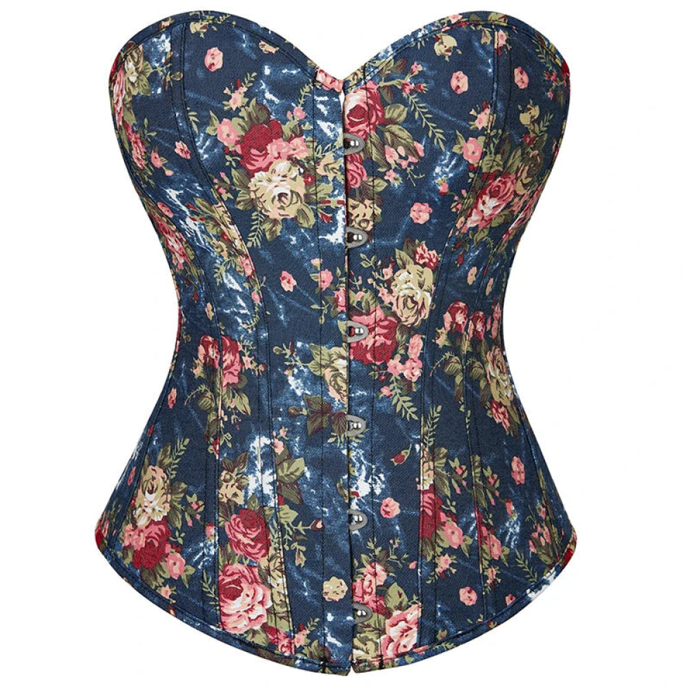 Vintage Floral Denim Corset Plus Size S-Xxl Lace Up Boned Overbust Fashionable - Blue - S