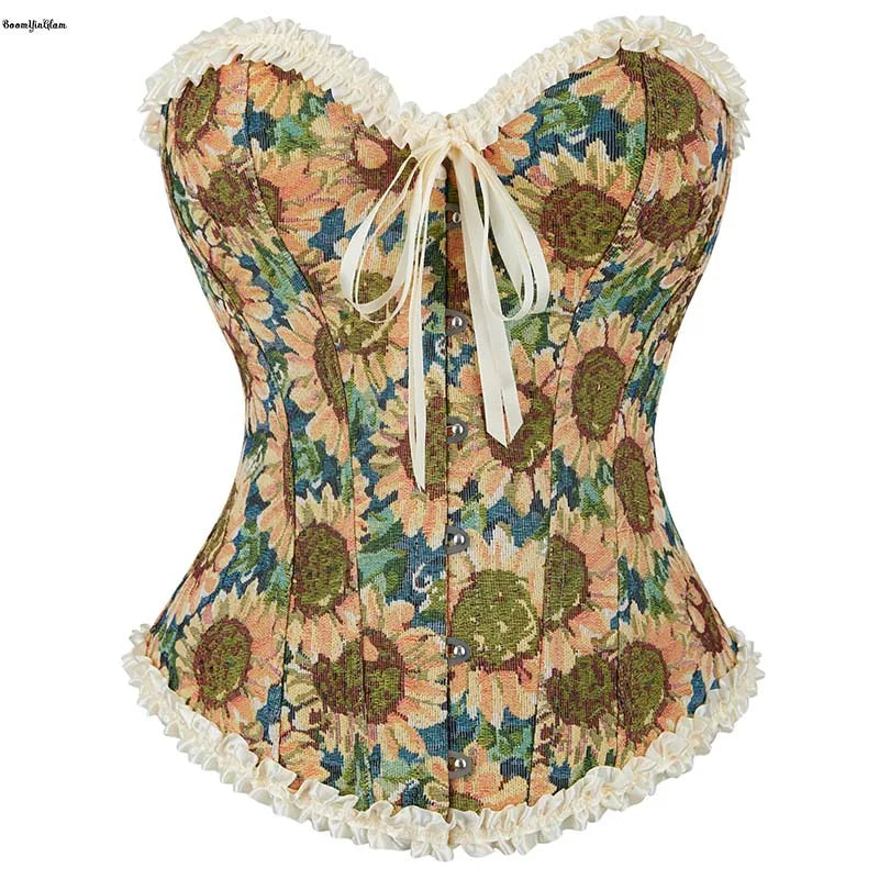 Sunflower Print Lace Trim Bustier Corset Front Busk Closure Back Lace Boned Ruffled Vintage Style Plus Size Xs-Xxl - S