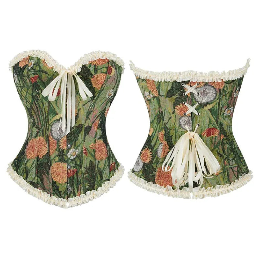 V562-OBBPBBNKAXIINXKB-3-202508291740-00 Green Floral Print Boned Corset Front Busk Closure Bowknot Bandage Victorian Style - Xs - Image 1
